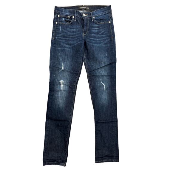 Express Super Skinny Mid Rise Dark Wash Distressed Jeans Size 4 - Picture 1 of 5